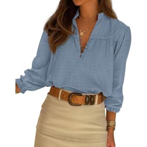 imageBTFBM Women Fall Tops 2025 Boho Solid V Neck Fashion Casual Long Sleeve Button Down Blouses Dressy ShirtsGrey Blue