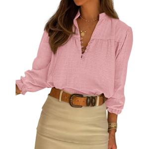 imageBTFBM Women Fall Tops 2025 Boho Solid V Neck Fashion Casual Long Sleeve Button Down Blouses Dressy ShirtsPink