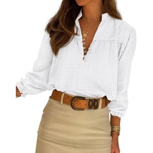 imageBTFBM Women Fall Tops 2025 Boho Solid V Neck Fashion Casual Long Sleeve Button Down Blouses Dressy ShirtsWhite