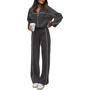 imageBTFBM Womens Two Piece Tracksuit Fall 2025 Long Sleeve Zip Up Sweatshirt Long Pants Outfits Jogger Sweatsuit SetsDark Grey