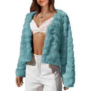imageBTFBM Winter Coats For Women Faux Fur Jacket Soft Long Sleeve Fluffy Open Front Outerwear Fall Outfits 2025Blue Green