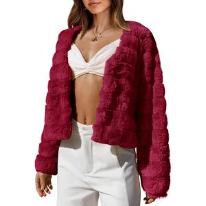 imageBTFBM Winter Coats For Women Faux Fur Jacket Soft Long Sleeve Fluffy Open Front Outerwear Fall Outfits 2025Dark Red