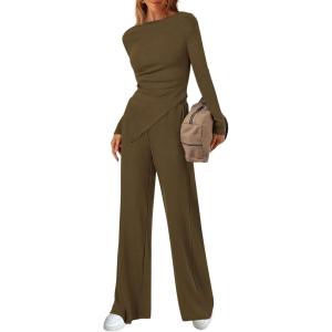 imageBTFBM Two Piece Sets For Women 2025 Asymmetrical Off Shoulder Wide Leg Pants Lounge Set Airport Outfits Fall ClothesArmy Green