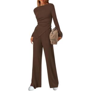 imageBTFBM Two Piece Sets For Women 2025 Asymmetrical Off Shoulder Wide Leg Pants Lounge Set Airport Outfits Fall ClothesBrown