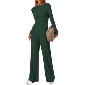 imageBTFBM Two Piece Sets For Women 2025 Asymmetrical Off Shoulder Wide Leg Pants Lounge Set Airport Outfits Fall ClothesDark Green