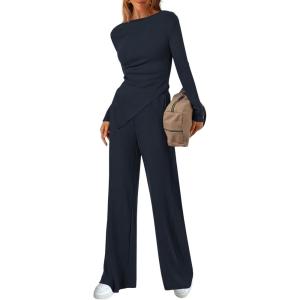 imageBTFBM Two Piece Sets For Women 2025 Asymmetrical Off Shoulder Wide Leg Pants Lounge Set Airport Outfits Fall ClothesDark Sea Blue