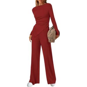 imageBTFBM Two Piece Sets For Women 2025 Asymmetrical Off Shoulder Wide Leg Pants Lounge Set Airport Outfits Fall ClothesRed