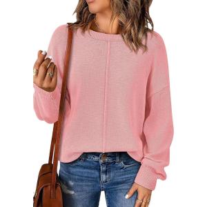 imageBTFBM Womens Loose Pullover Sweaters Fall Winter Clothes 2025 Crewneck Slouchy Sweater Long Sleeve Casual Knitted TopsPink