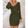 imageBTFBM Fall Dresses for Women 2025 Cross V Neck Mesh Long Sleeve Ruched Bodycon Formal Wedding Cocktail Short DressArmy Green