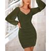 imageBTFBM Fall Dresses for Women 2025 Cross V Neck Mesh Long Sleeve Ruched Bodycon Formal Wedding Cocktail Short DressArmy Green