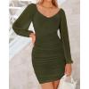 imageBTFBM Fall Dresses for Women 2025 Cross V Neck Mesh Long Sleeve Ruched Bodycon Formal Wedding Cocktail Short DressArmy Green