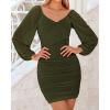 imageBTFBM Fall Dresses for Women 2025 Cross V Neck Mesh Long Sleeve Ruched Bodycon Formal Wedding Cocktail Short DressArmy Green