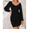 imageBTFBM Fall Dresses for Women 2025 Cross V Neck Mesh Long Sleeve Ruched Bodycon Formal Wedding Cocktail Short DressBlack