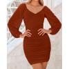 imageBTFBM Fall Dresses for Women 2025 Cross V Neck Mesh Long Sleeve Ruched Bodycon Formal Wedding Cocktail Short DressCaramel