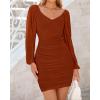imageBTFBM Fall Dresses for Women 2025 Cross V Neck Mesh Long Sleeve Ruched Bodycon Formal Wedding Cocktail Short DressCaramel