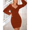 imageBTFBM Fall Dresses for Women 2025 Cross V Neck Mesh Long Sleeve Ruched Bodycon Formal Wedding Cocktail Short DressCaramel