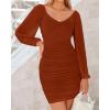 imageBTFBM Fall Dresses for Women 2025 Cross V Neck Mesh Long Sleeve Ruched Bodycon Formal Wedding Cocktail Short DressCaramel