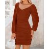 imageBTFBM Fall Dresses for Women 2025 Cross V Neck Mesh Long Sleeve Ruched Bodycon Formal Wedding Cocktail Short DressCaramel