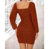 imageBTFBM Fall Dresses for Women 2025 Cross V Neck Mesh Long Sleeve Ruched Bodycon Formal Wedding Cocktail Short DressCaramel