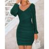 imageBTFBM Fall Dresses for Women 2025 Cross V Neck Mesh Long Sleeve Ruched Bodycon Formal Wedding Cocktail Short DressGreen