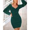 imageBTFBM Fall Dresses for Women 2025 Cross V Neck Mesh Long Sleeve Ruched Bodycon Formal Wedding Cocktail Short DressGreen