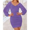 imageBTFBM Fall Dresses for Women 2025 Cross V Neck Mesh Long Sleeve Ruched Bodycon Formal Wedding Cocktail Short DressGrey Purple