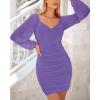 imageBTFBM Fall Dresses for Women 2025 Cross V Neck Mesh Long Sleeve Ruched Bodycon Formal Wedding Cocktail Short DressGrey Purple