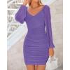 imageBTFBM Fall Dresses for Women 2025 Cross V Neck Mesh Long Sleeve Ruched Bodycon Formal Wedding Cocktail Short DressGrey Purple