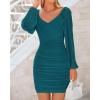 imageBTFBM Fall Dresses for Women 2025 Cross V Neck Mesh Long Sleeve Ruched Bodycon Formal Wedding Cocktail Short DressLake Blue