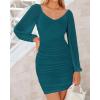 imageBTFBM Fall Dresses for Women 2025 Cross V Neck Mesh Long Sleeve Ruched Bodycon Formal Wedding Cocktail Short DressLake Blue