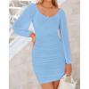 imageBTFBM Fall Dresses for Women 2025 Cross V Neck Mesh Long Sleeve Ruched Bodycon Formal Wedding Cocktail Short DressLight Blue