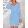 imageBTFBM Fall Dresses for Women 2025 Cross V Neck Mesh Long Sleeve Ruched Bodycon Formal Wedding Cocktail Short DressLight Blue