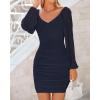 imageBTFBM Fall Dresses for Women 2025 Cross V Neck Mesh Long Sleeve Ruched Bodycon Formal Wedding Cocktail Short DressNavy