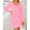 imageBTFBM Fall Dresses for Women 2025 Cross V Neck Mesh Long Sleeve Ruched Bodycon Formal Wedding Cocktail Short DressPink