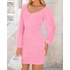 imageBTFBM Fall Dresses for Women 2025 Cross V Neck Mesh Long Sleeve Ruched Bodycon Formal Wedding Cocktail Short DressPink