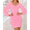 imageBTFBM Fall Dresses for Women 2025 Cross V Neck Mesh Long Sleeve Ruched Bodycon Formal Wedding Cocktail Short DressPink