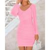 imageBTFBM Fall Dresses for Women 2025 Cross V Neck Mesh Long Sleeve Ruched Bodycon Formal Wedding Cocktail Short DressPink