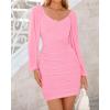 imageBTFBM Fall Dresses for Women 2025 Cross V Neck Mesh Long Sleeve Ruched Bodycon Formal Wedding Cocktail Short DressPink