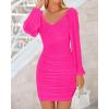 imageBTFBM Fall Dresses for Women 2025 Cross V Neck Mesh Long Sleeve Ruched Bodycon Formal Wedding Cocktail Short DressRose Red