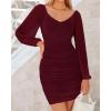 imageBTFBM Fall Dresses for Women 2025 Cross V Neck Mesh Long Sleeve Ruched Bodycon Formal Wedding Cocktail Short DressWine Red
