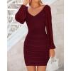 imageBTFBM Fall Dresses for Women 2025 Cross V Neck Mesh Long Sleeve Ruched Bodycon Formal Wedding Cocktail Short DressWine Red