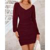 imageBTFBM Fall Dresses for Women 2025 Cross V Neck Mesh Long Sleeve Ruched Bodycon Formal Wedding Cocktail Short DressWine Red