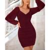 imageBTFBM Fall Dresses for Women 2025 Cross V Neck Mesh Long Sleeve Ruched Bodycon Formal Wedding Cocktail Short DressWine Red