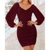 imageBTFBM Fall Dresses for Women 2025 Cross V Neck Mesh Long Sleeve Ruched Bodycon Formal Wedding Cocktail Short DressWine Red