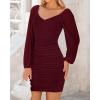 imageBTFBM Fall Dresses for Women 2025 Cross V Neck Mesh Long Sleeve Ruched Bodycon Formal Wedding Cocktail Short DressWine Red