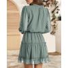 imageBTFBM Long Sleeve Fall Dresses for Women 2025 Summer Casual Tie Neck Ruffle Tiered A Line Wedding Guest Short Mini DressDot Green