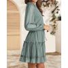 imageBTFBM Long Sleeve Fall Dresses for Women 2025 Summer Casual Tie Neck Ruffle Tiered A Line Wedding Guest Short Mini DressDot Green