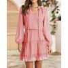 imageBTFBM Long Sleeve Fall Dresses for Women 2025 Summer Casual Tie Neck Ruffle Tiered A Line Wedding Guest Short Mini DressDot Pink