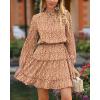 imageBTFBM Long Sleeve Fall Dresses for Women 2025 Summer Casual Tie Neck Ruffle Tiered A Line Wedding Guest Short Mini DressLeopard Coffee