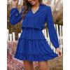 imageBTFBM Long Sleeve Fall Dresses for Women 2025 Summer Casual Tie Neck Ruffle Tiered A Line Wedding Guest Short Mini DressLong Sleeve Bright Blue